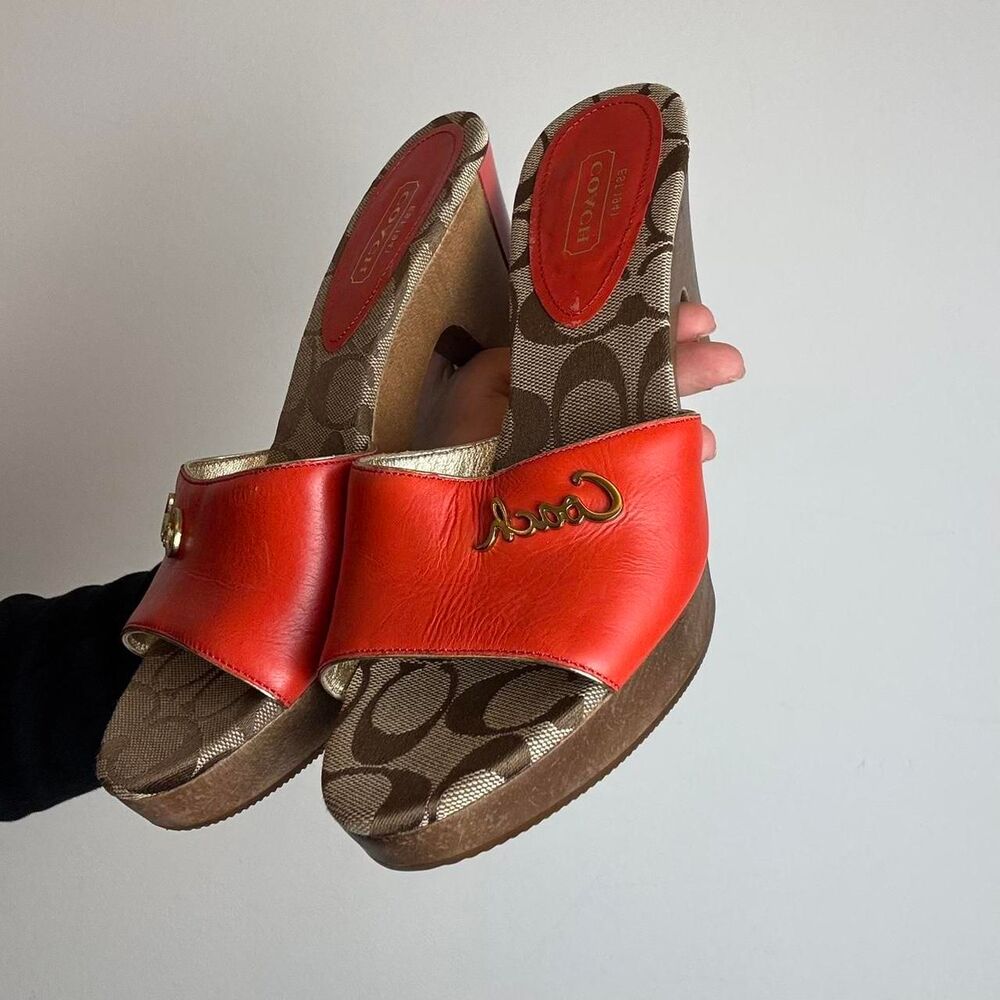 Coach Vintage Y2K Brown and Red Orange Signature C Monogram Wooden Sandals - Picture 2 of 7